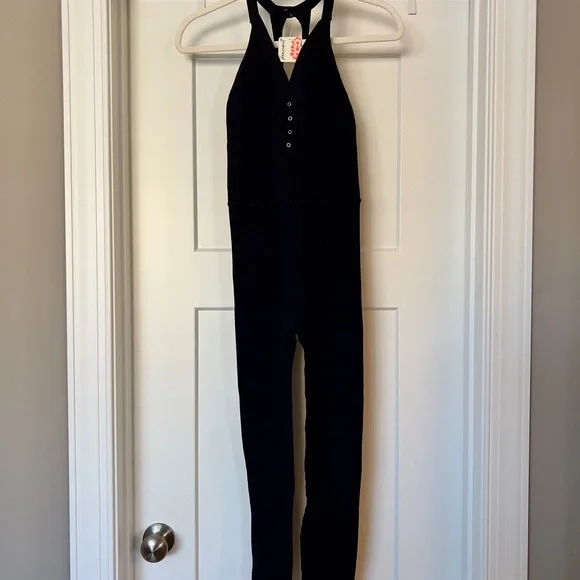 NWT FP Movement by Free People Happiness Runs Henley Onesie - Black Ribbed - Picture 2 of 10
